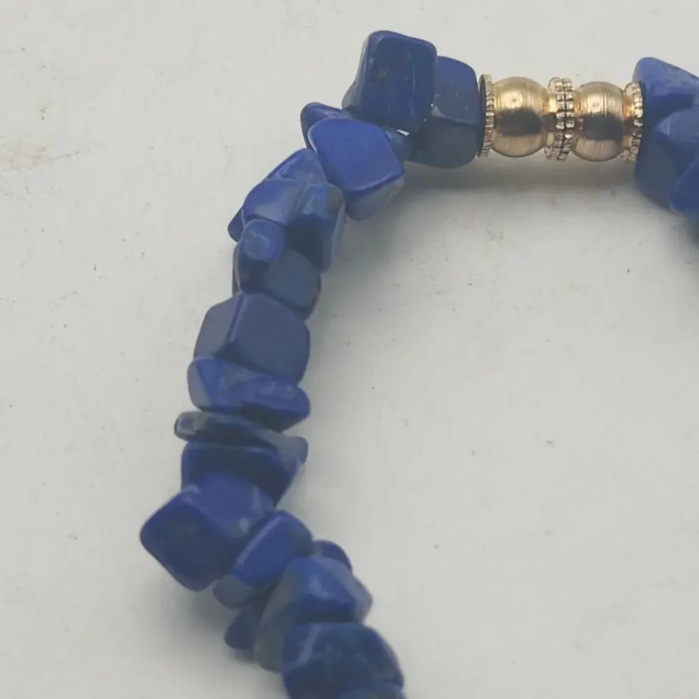 Blue Lapis Lazuli Stone Chip Bead Bracelet Gold Tone Screw Clasp Boho 6.5 In